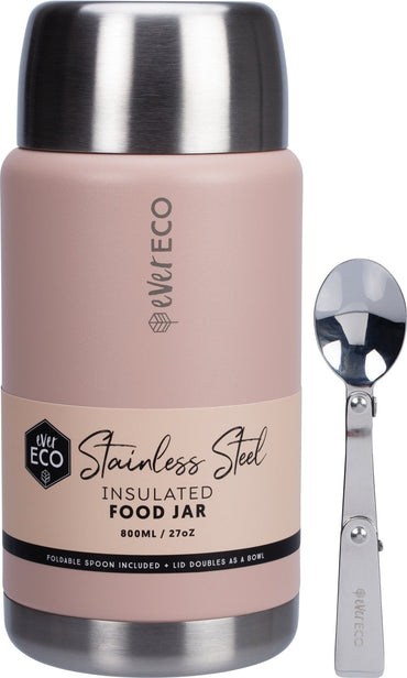 Ever Eco Rose Stainless steel insulated food jar with a spoon on a white background
