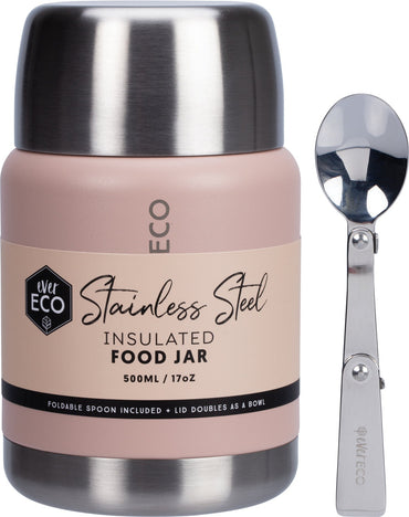 Ever Eco Rose Stainless steel insulated food jar with a spoon on a white background