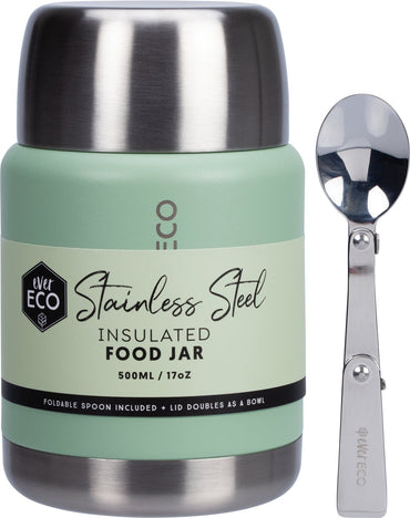 Ever Eco Sage insulated food jar with stainless steel lid and spoon on a white background