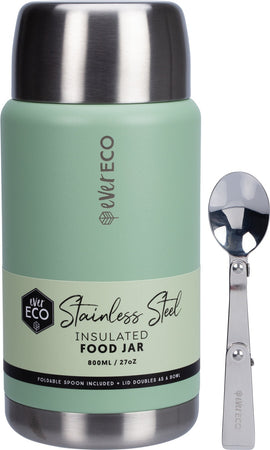 Ever Eco Sage insulated food jar with silver lid and spoon on a white background
