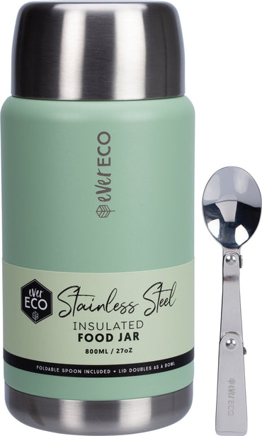 Ever Eco Sage insulated food jar with silver lid and spoon on a white background