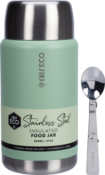 Ever Eco Sage insulated food jar with silver lid and spoon on a white background