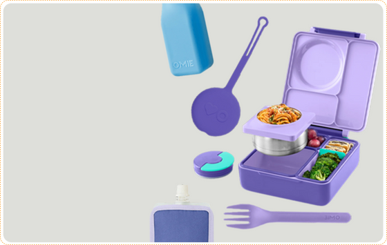 Omie omiebox hot and cold bento box with cutlery pod set and omie silicone drink bottle and omie freezable food pouch