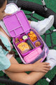 MontiiCo Feast Lunch Box - Fuchsia open with compartments and snacks