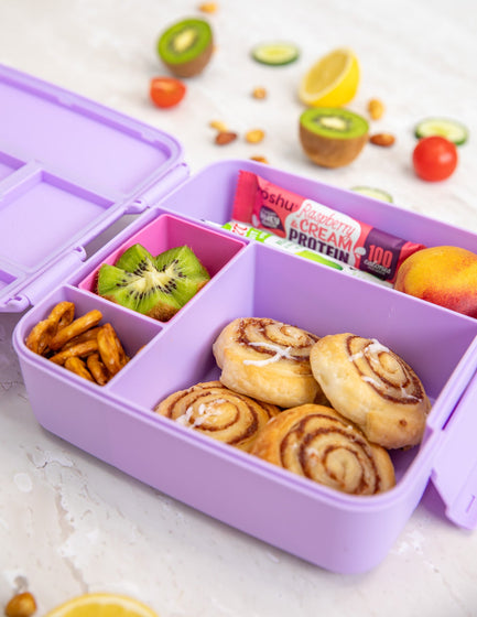 MontiiCo Feast Lunch Box - Lilac open with compartments and snacks