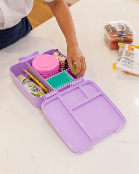 MontiiCo Feast Lunch Box - Lilac open with compartments and snacks