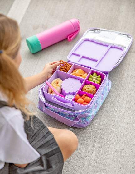 MontiiCo Feast Lunch Box - Lilac open with compartments and snacks