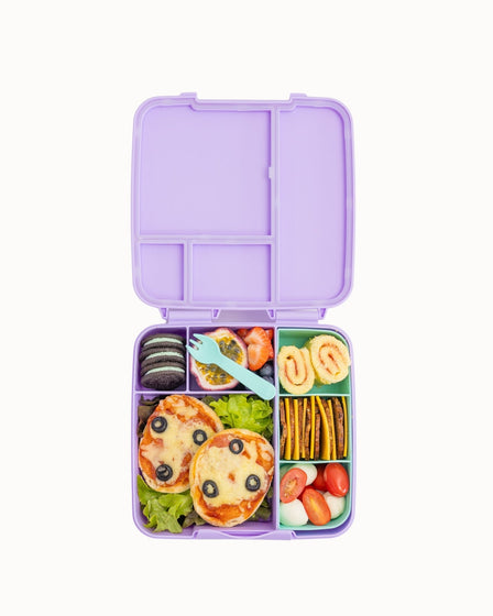 MontiiCo Feast Lunch Box - Lilac open with compartments and snacks