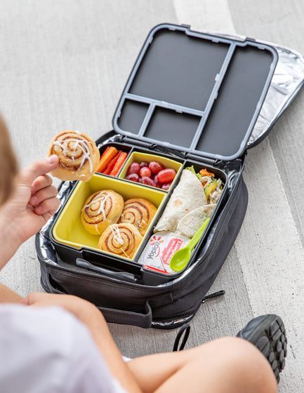 MontiiCo Feast Lunch Box - Midnight open with compartments and snacks