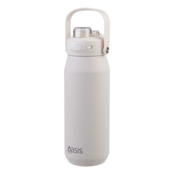 Oasis Ceramic Lined Stainless Steel Capri Drink Bottle 750ml cream bottle with raised carry handle, clear cap and push button lid.