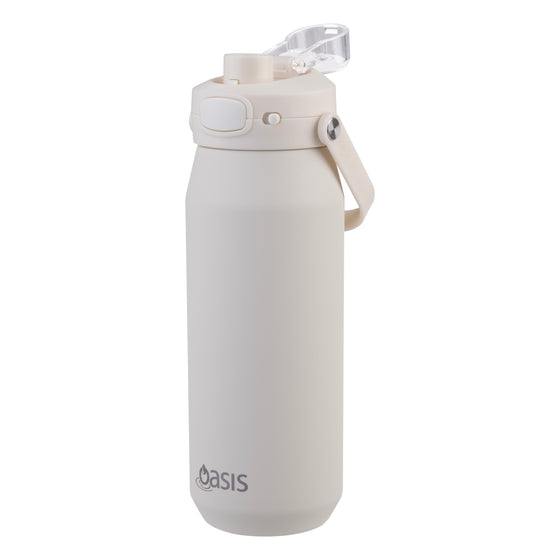 Oasis Ceramic Lined Stainless Steel Capri Drink Bottle 750ml cream bottle with open flip cap, pour spout and side carry handle.