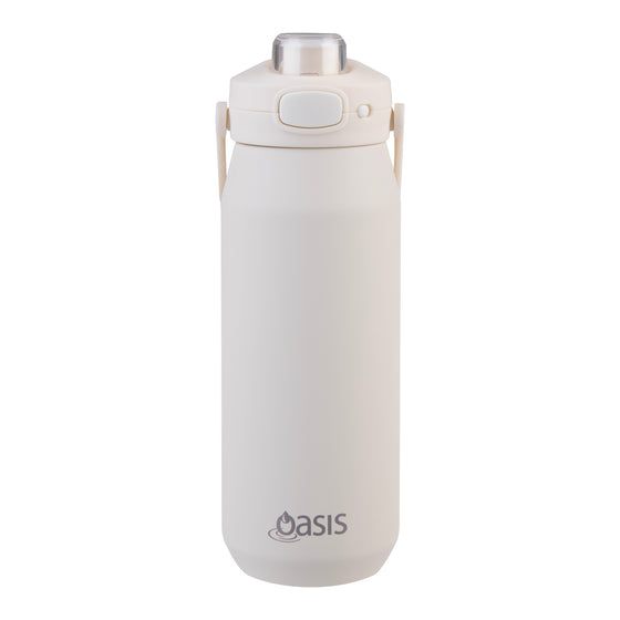 Oasis Ceramic Lined Stainless Steel Capri Drink Bottle 750ml cream bottle with clear cap, push button lid and Oasis logo.