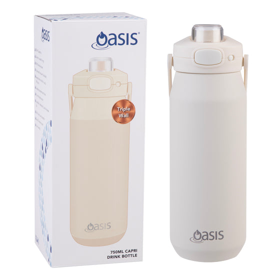 Oasis Ceramic Lined Stainless Steel Capri Drink Bottle 750ml cream bottle displayed beside matching retail box.