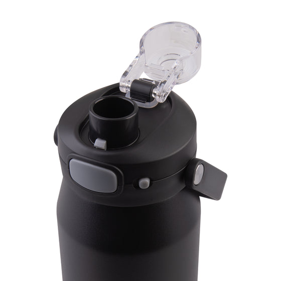 Oasis Ceramic Lined Stainless Steel Capri Drink Bottle 750ml angled black lid close-up showing open transparent cap, pour spout and carry strap.