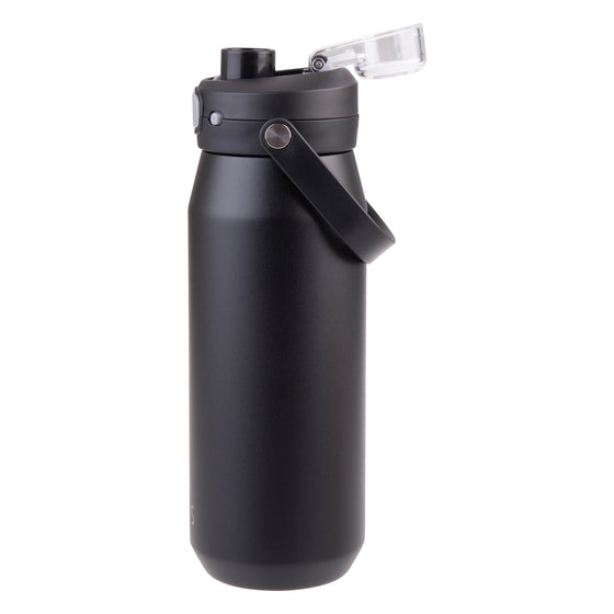 Oasis Ceramic Lined Stainless Steel Capri Drink Bottle 750ml matte black side view with flip-open clear cap, exposed pour spout and carry handle.