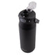 Oasis Ceramic Lined Stainless Steel Capri Drink Bottle 750ml black bottle angled top view with open clear cap, pour spout and side carry strap.
