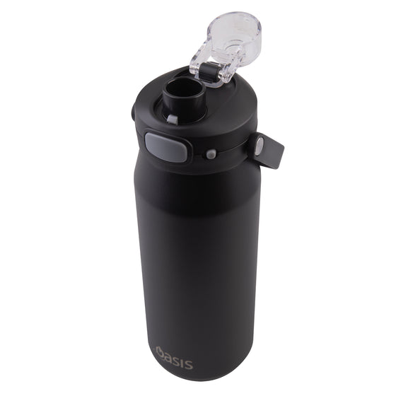 Oasis Ceramic Lined Stainless Steel Capri Drink Bottle 750ml black bottle angled top view with open clear cap, pour spout and side carry strap.