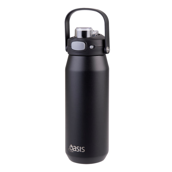 Oasis Ceramic Lined Stainless Steel Capri Drink Bottle 750ml matte black front view with upright carry handle and clear leakproof cap.