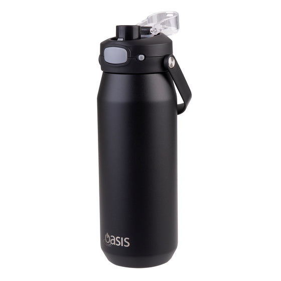 Oasis Ceramic Lined Stainless Steel Capri Drink Bottle 750ml matte black bottle with open flip cap, pour spout and angled carry handle.