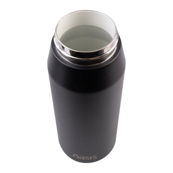 Oasis Ceramic Lined Stainless Steel Capri Drink Bottle 750ml matte black bottle top view with wide ceramic-lined opening and stainless steel rim.