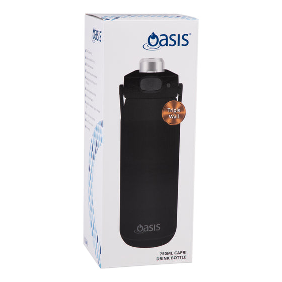 Oasis Ceramic Lined Stainless Steel Capri Drink Bottle 750ml black bottle retail box with triple wall insulation callout.