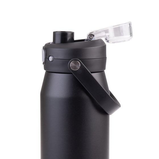 Oasis Ceramic Lined Stainless Steel Capri Drink Bottle 750ml black bottle side close-up with open clear cap, raised pour spout and carry handle.