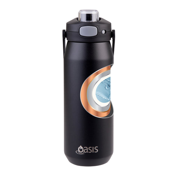 Oasis Ceramic Lined Stainless Steel Capri Drink Bottle 750ml black bottle with cutaway view showing ceramic lining and insulated steel layers.