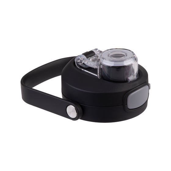 Oasis Ceramic Lined Stainless Steel Capri Drink Bottle 750ml black lid close-up with closed clear spout cap, push button and carry handle.
