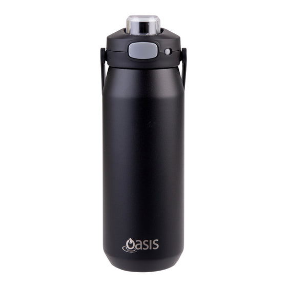 Oasis Ceramic Lined Stainless Steel Capri Drink Bottle 750ml matte black bottle with clear cap, push button lid and side carry handles.