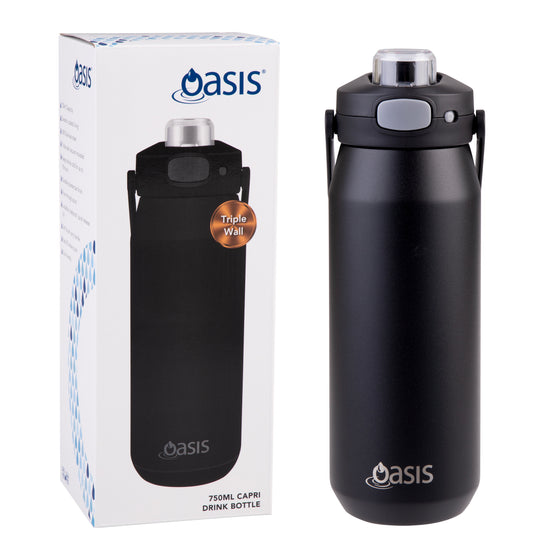 Oasis Ceramic Lined Stainless Steel Capri Drink Bottle 750ml black bottle standing beside its retail packaging with triple wall insulation label.