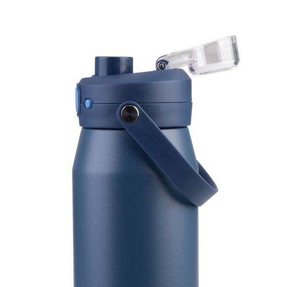 Oasis Ceramic Lined Stainless Steel Capri Drink Bottle 750ml navy bottle close-up with open clear cap, pour spout and angled carry handle.