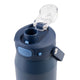 Oasis Ceramic Lined Stainless Steel Capri Drink Bottle 750ml navy blue lid close-up with open clear cap, pour spout and side carry handle.
