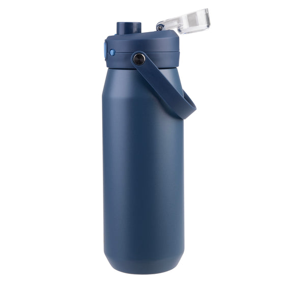 Oasis Ceramic Lined Stainless Steel Capri Drink Bottle 750ml navy side view with flip-open clear cap, raised pour spout and carry handle.