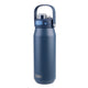 Oasis Ceramic Lined Stainless Steel Capri Drink Bottle 750ml navy front view with upright carry handle, clear cap and blue push button lid.