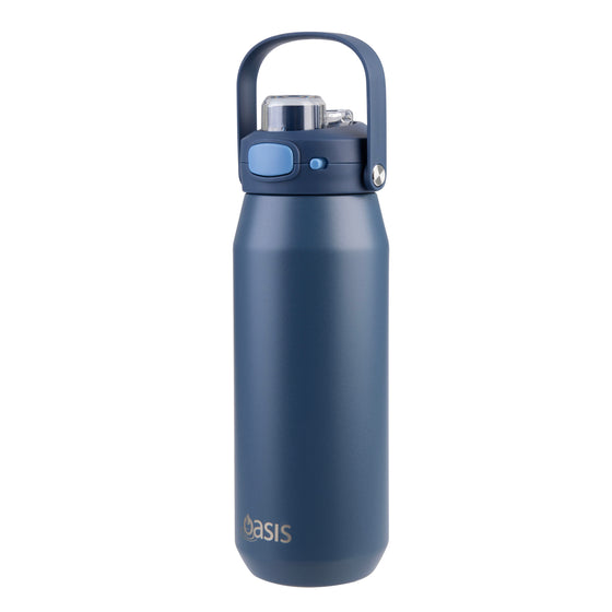 Oasis Ceramic Lined Stainless Steel Capri Drink Bottle 750ml navy front view with upright carry handle, clear cap and blue push button lid.