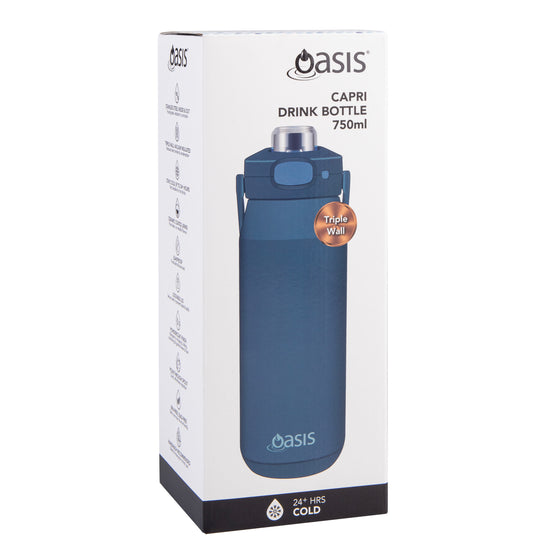 Oasis Ceramic Lined Stainless Steel Capri Drink Bottle 750ml navy retail packaging showing Capri drink bottle, triple wall insulation and cold retention details.