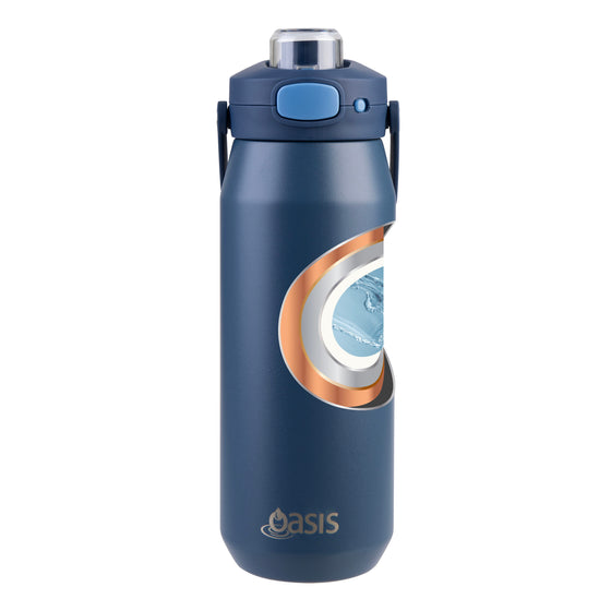 Oasis Ceramic Lined Stainless Steel Capri Drink Bottle 750ml navy bottle with cutaway view showing ceramic lining and insulated stainless steel layers.