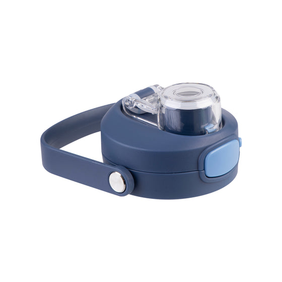 Oasis Ceramic Lined Stainless Steel Capri Drink Bottle 750ml navy lid close-up with clear leakproof cap, push button and carry handle.