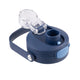 Oasis Ceramic Lined Stainless Steel Capri Drink Bottle 750ml navy lid close-up showing flip-open clear drinking cap, pour opening and soft carry handle.
