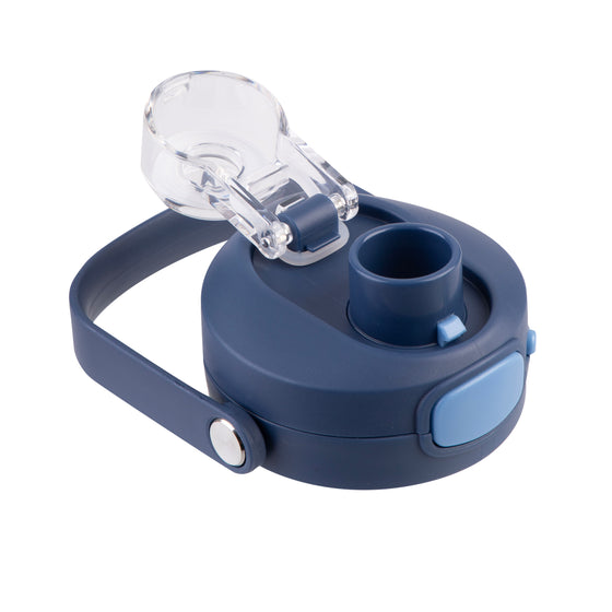 Oasis Ceramic Lined Stainless Steel Capri Drink Bottle 750ml navy lid close-up showing flip-open clear drinking cap, pour opening and soft carry handle.