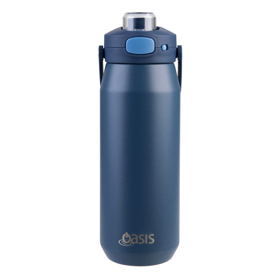 Oasis Ceramic Lined Stainless Steel Capri Drink Bottle 750ml navy blue bottle with clear cap, push button lid and side carry handles.