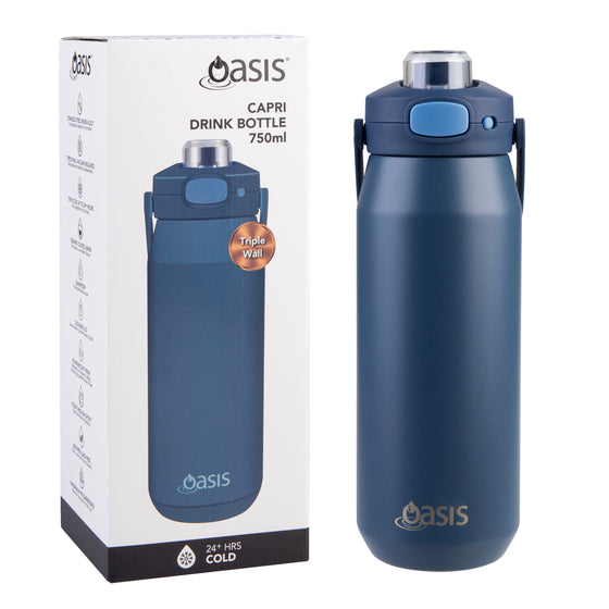 Oasis Ceramic Lined Stainless Steel Capri Drink Bottle 750ml navy bottle displayed beside retail box with triple wall and 24+ hours cold callouts.