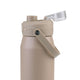 Oasis Ceramic Lined Stainless Steel Capri Drink Bottle 750ml sand beige close-up with open clear flip cap, pour spout and angled carry handle.