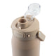 Oasis Ceramic Lined Stainless Steel Capri Drink Bottle 750ml sand beige angled top view with open clear cap, round pour spout, lock button and carry strap.