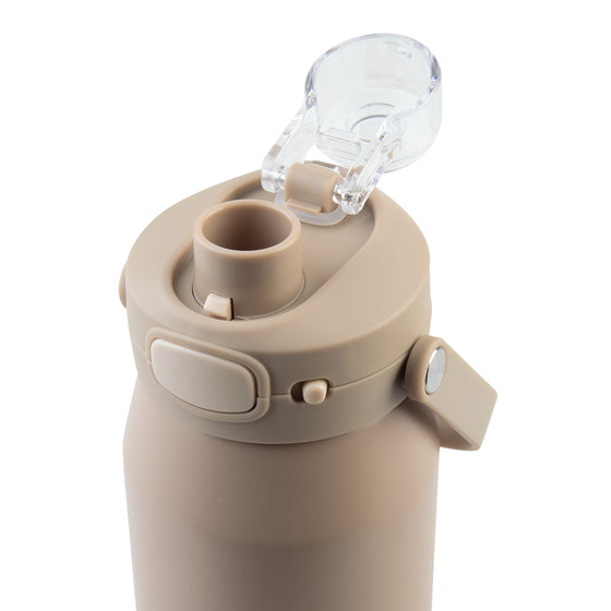 Oasis Ceramic Lined Stainless Steel Capri Drink Bottle 750ml sand beige angled top view with open clear cap, round pour spout, lock button and carry strap.