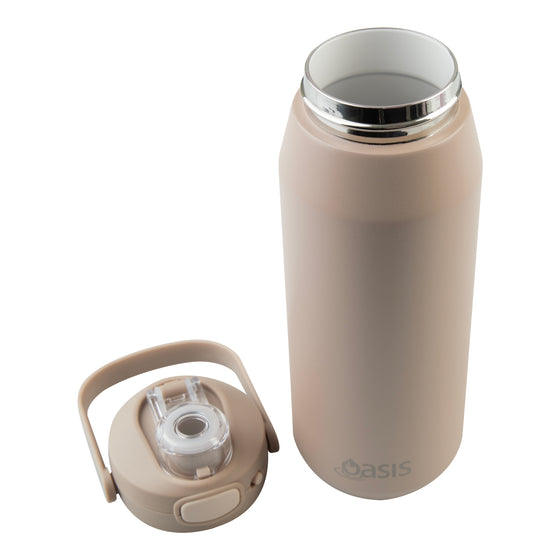 Oasis Ceramic Lined Stainless Steel Capri Drink Bottle 750ml sand beige bottle with lid removed, wide ceramic-lined opening and matching carry cap.