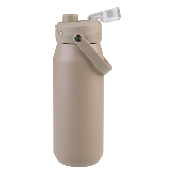 Oasis Ceramic Lined Stainless Steel Capri Drink Bottle 750ml sand beige side profile with flip-open clear cap, raised spout and flexible carry strap.
