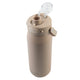 Oasis Ceramic Lined Stainless Steel Capri Drink Bottle 750ml sand beige angled view with open clear cap, drinking spout and side carry strap.