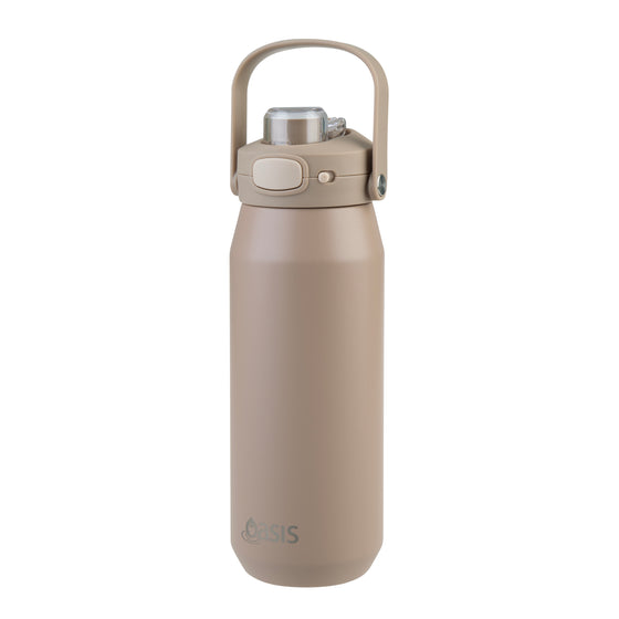 Oasis Ceramic Lined Stainless Steel Capri Drink Bottle 750ml sand beige front view with upright carry handle, clear top cap and push button lid.