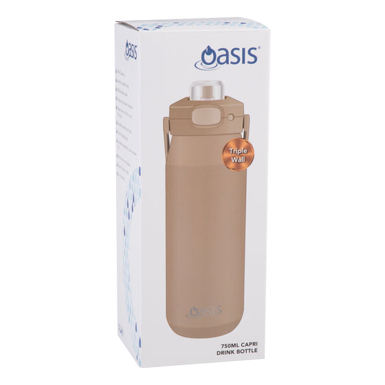 Oasis Ceramic Lined Stainless Steel Capri Drink Bottle 750ml sand beige retail box showing Capri bottle design, triple wall badge and 750ml packaging details.